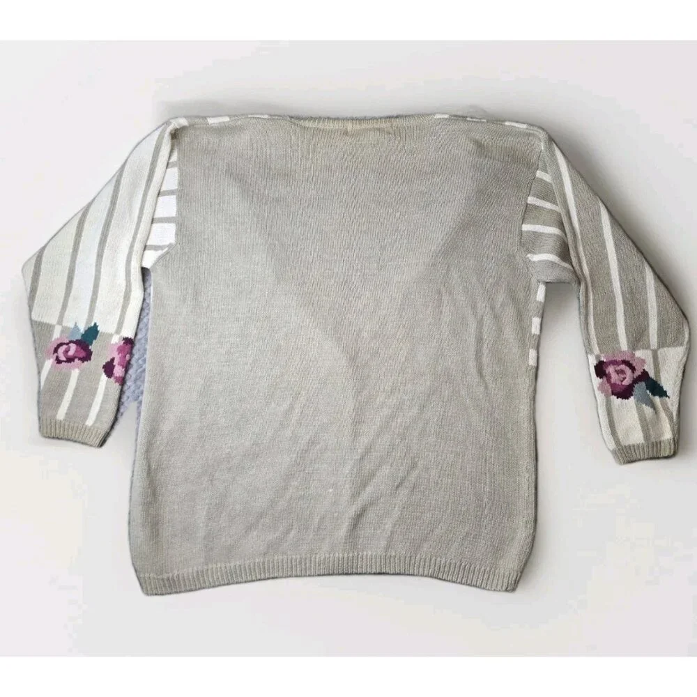 Grandma Chic 👵 Vtg‎ 90s Rose Themed Sweater Cardigan Checker Stripe 14/16 - Picture 2 of 7